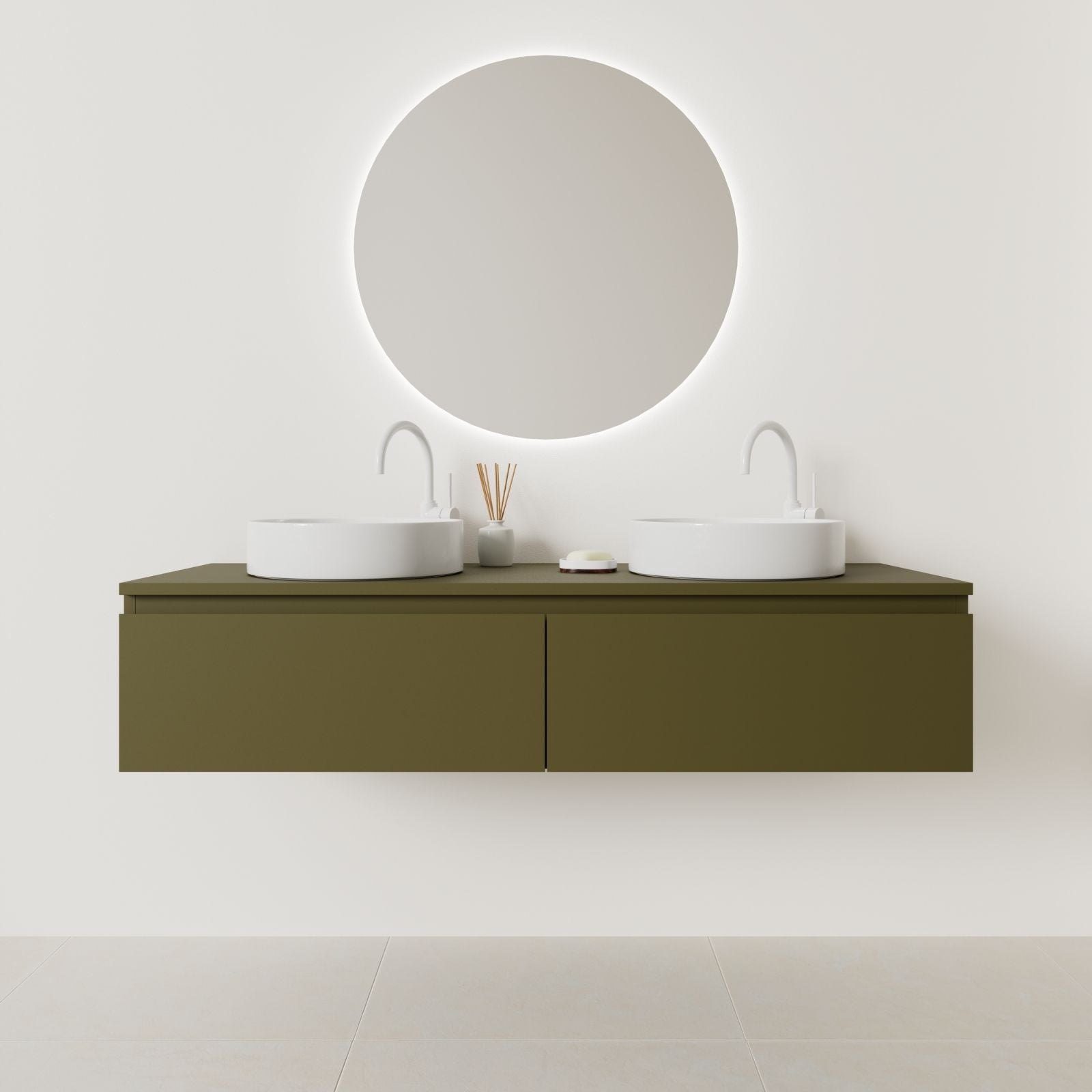 meuble salle de bain mino 140 cm double vasque suspendu kaki prise de main vue face