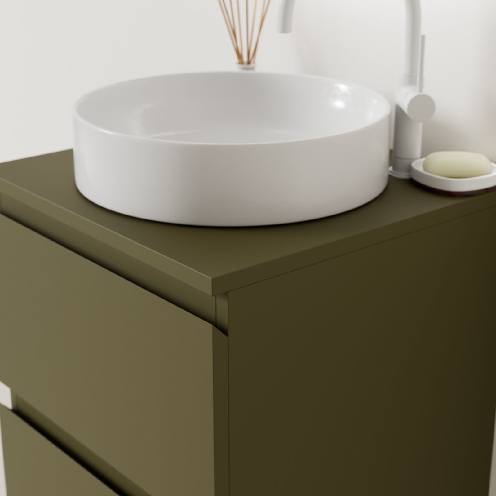 meuble salle de bain marco kaki 50 cm façade prise de main vue angle