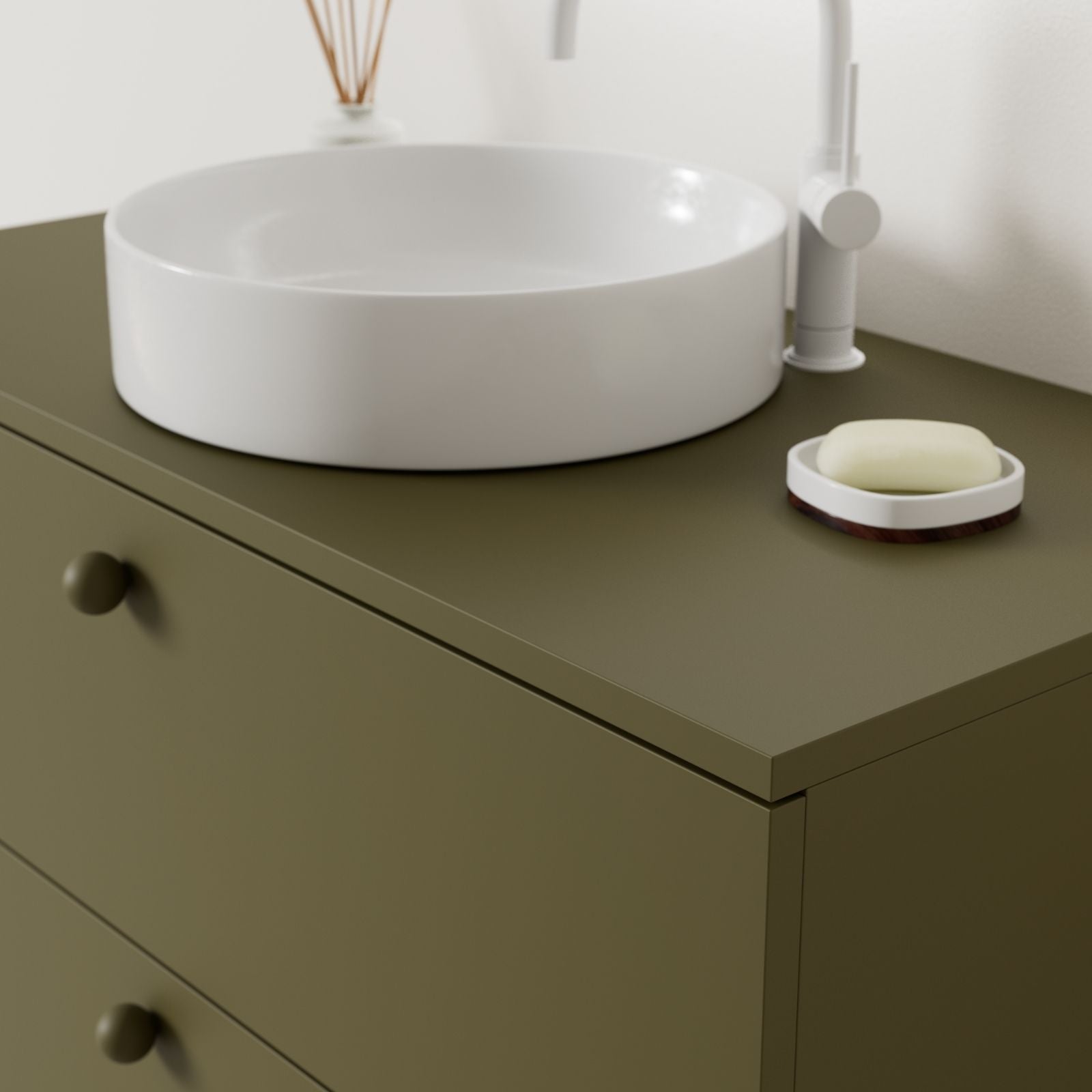 meuble salle de bain marco kaki 100 cm avec vasque posé vue angle