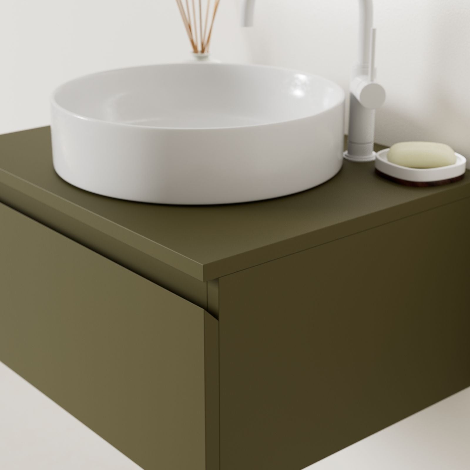 meuble salle de bain mino 60 cm kaki poignées intégrées avec vasque posé vue angle
