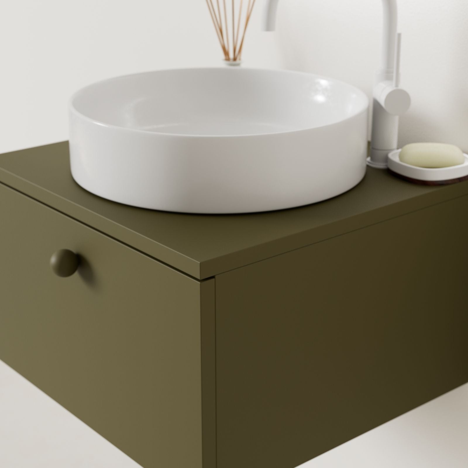 meuble salle de bain mino 50 cm kaki avec vasque posé vue angle