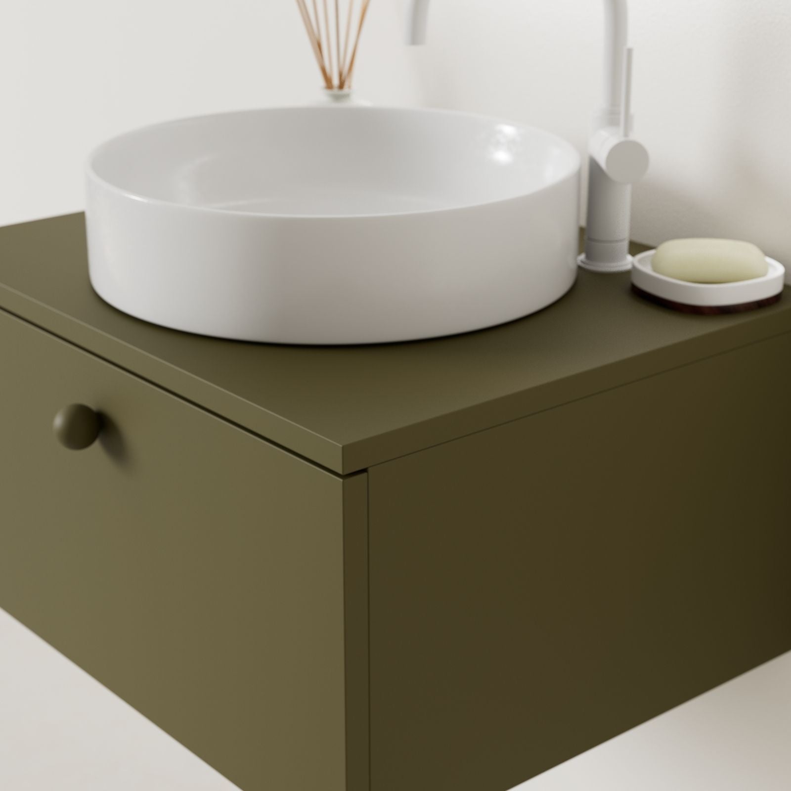 meuble salle de bain mino 60 cm kaki avec vasque posé vue angle