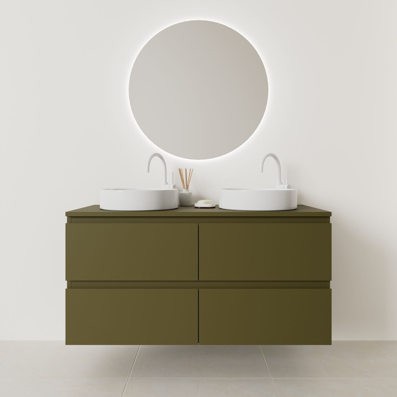 meuble salle de bain marco 120 cm double vasque suspendu kaki prise de main vue face