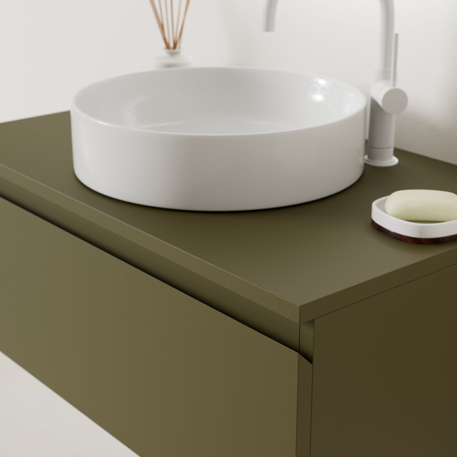 meuble salle de bain mino 80 cm kaki poignées intégrées avec vasque posé vue angle