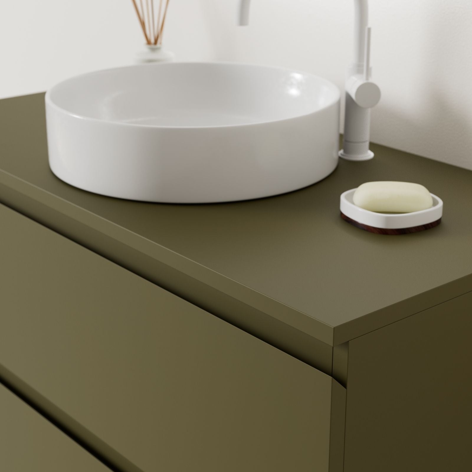 meuble salle de bain marco kaki 100 cm façade prise de main vue angle