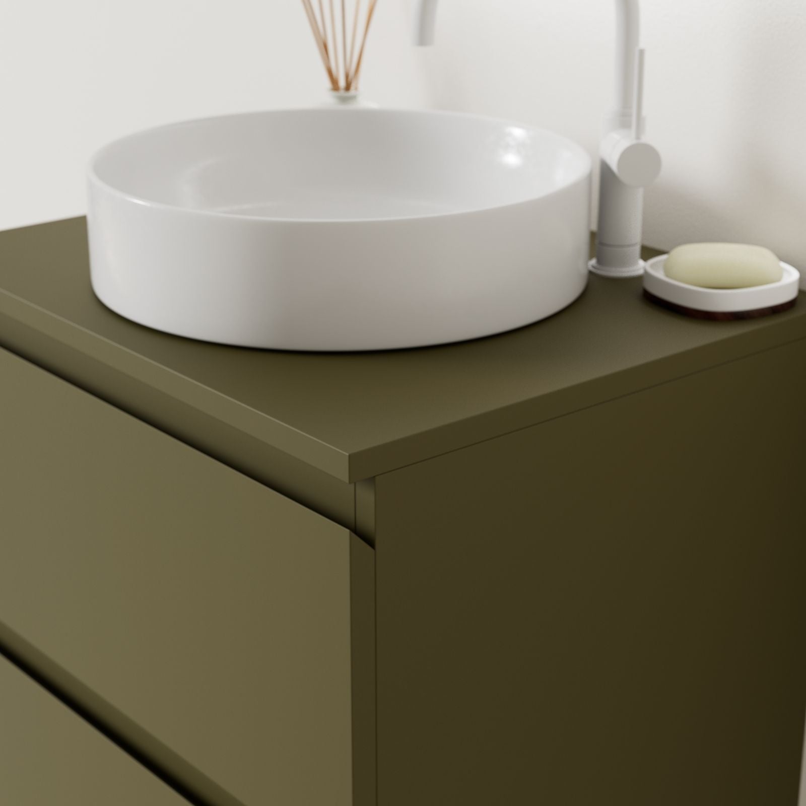 meuble salle de bain marco kaki 60 cm façade prise de main vue angle