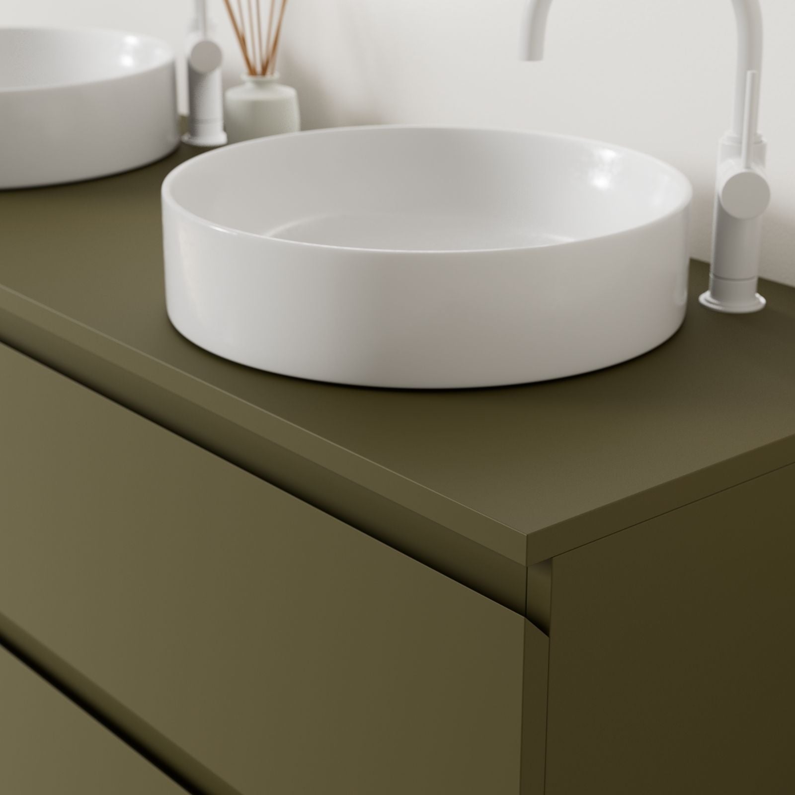 meuble salle de bain marco kaki 140 cm poignées intégrées avec double vasque à poser vue angle