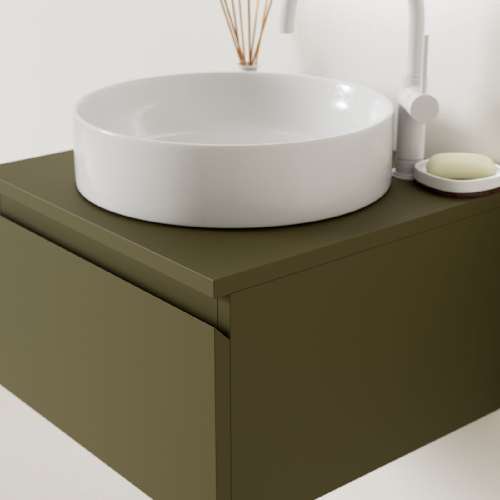 meuble salle de bain mino 50 cm kaki poignées intégrées avec vasque posé vue angle