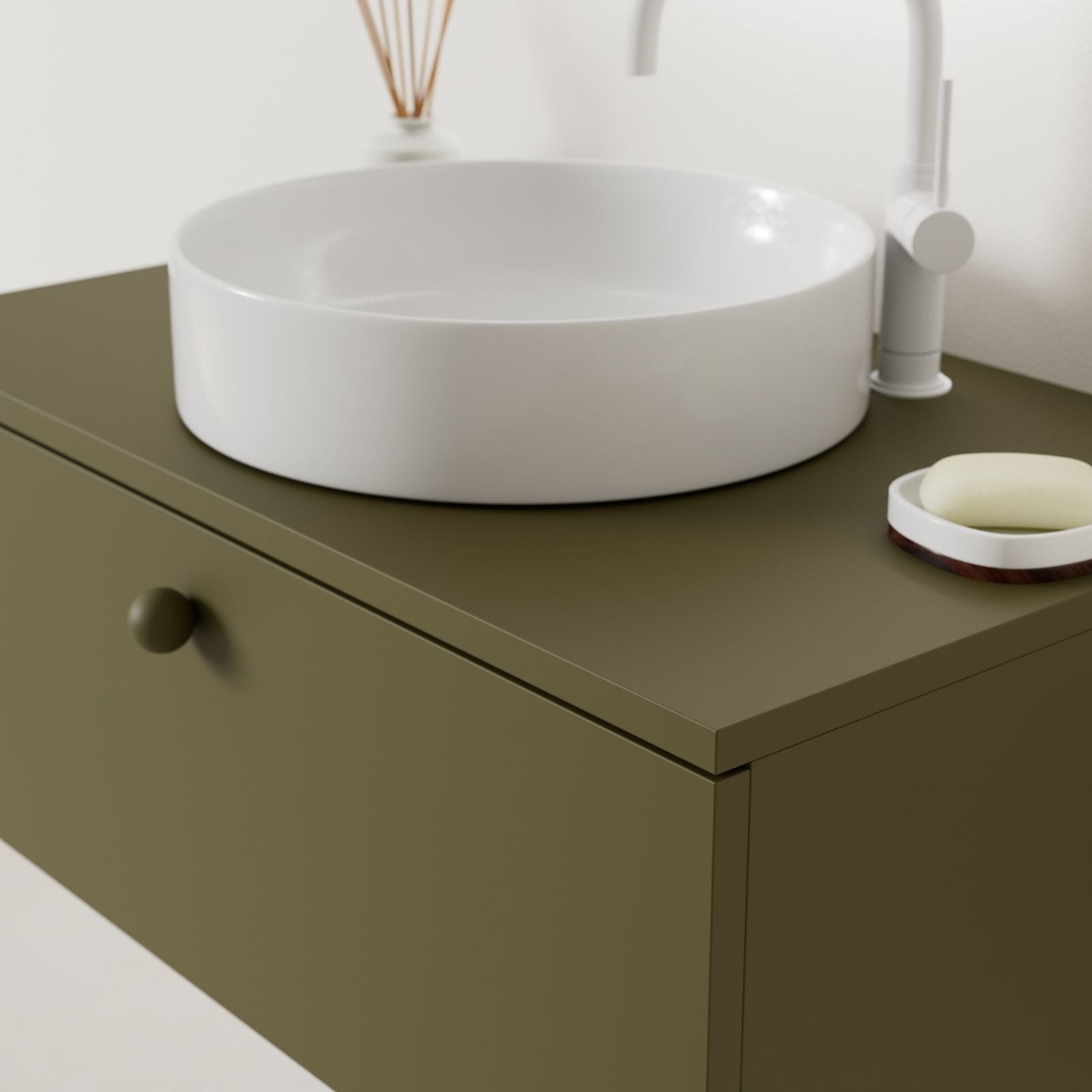 meuble salle de bain mino 80 cm kaki avec vasque posé vue angle