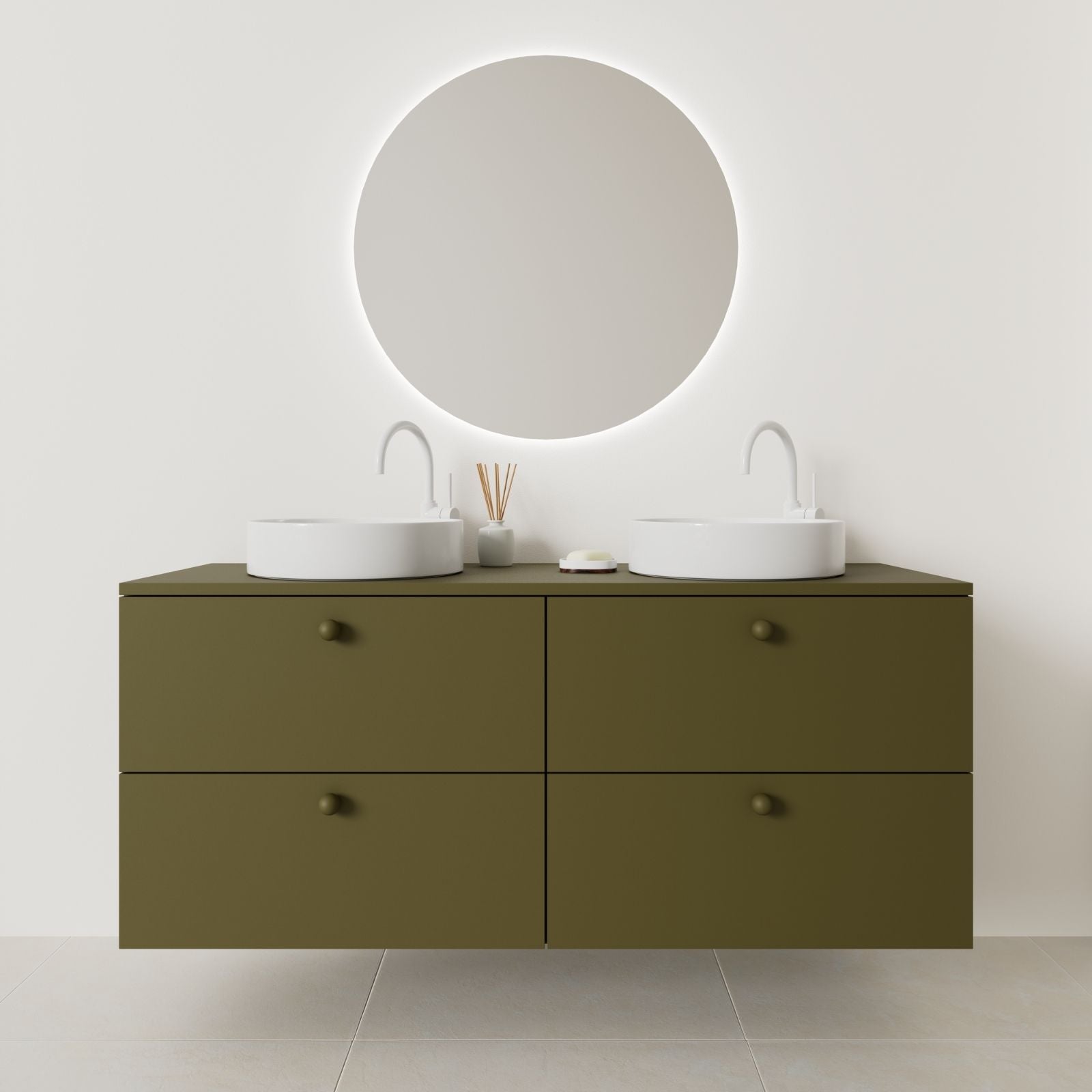 meuble salle de bain marco 140 cm double vasque suspendu kaki façade lisse vue face