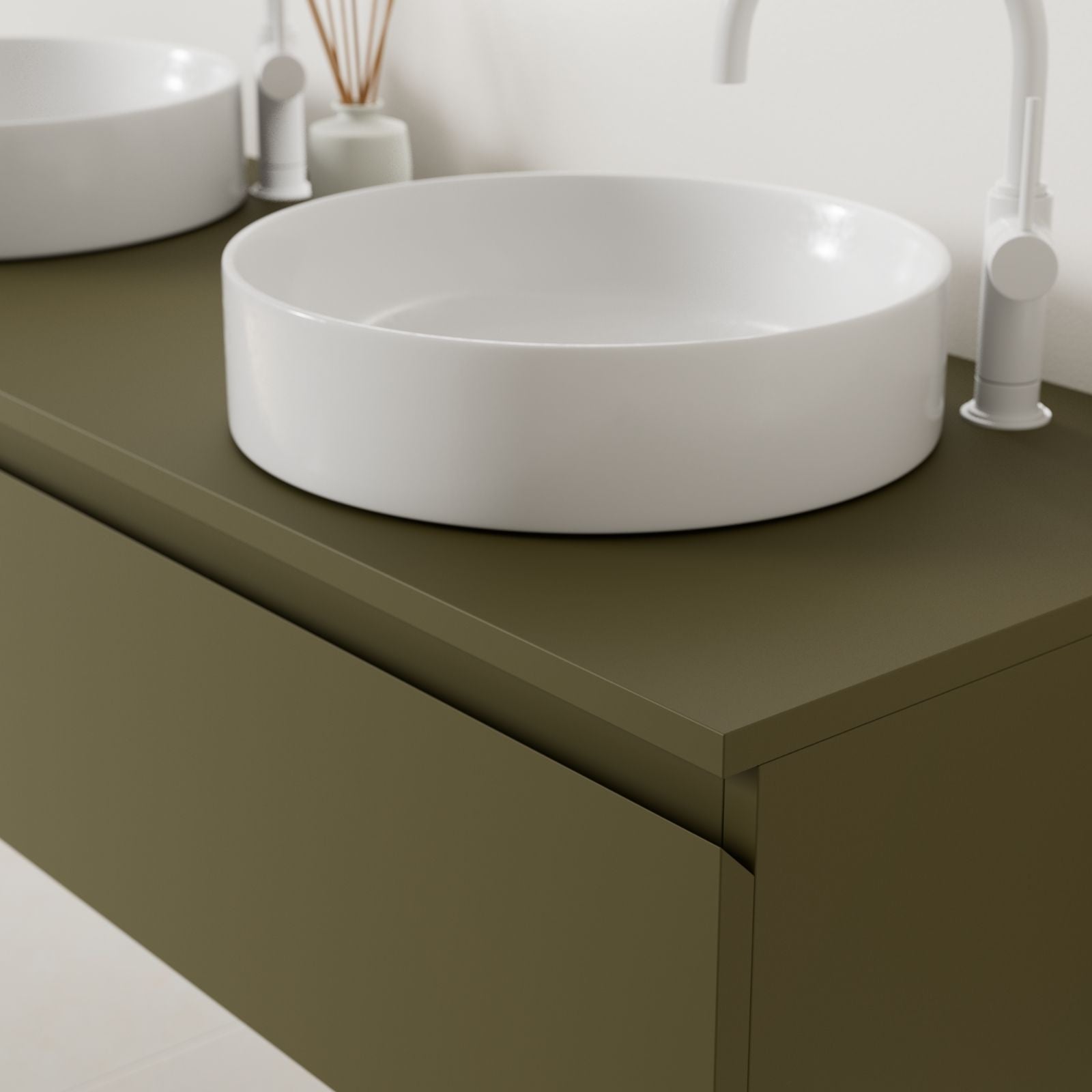 meuble salle de bain mino 140 cm kaki poignées intégrées avec double vasque à poser vue angle