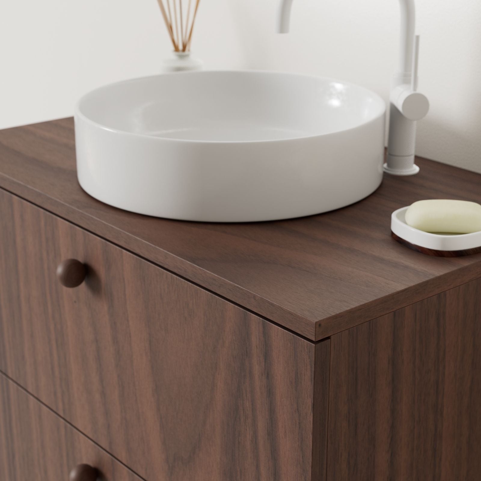 meuble salle de bain marco noyer 80 cm avec vasque posé vue angle