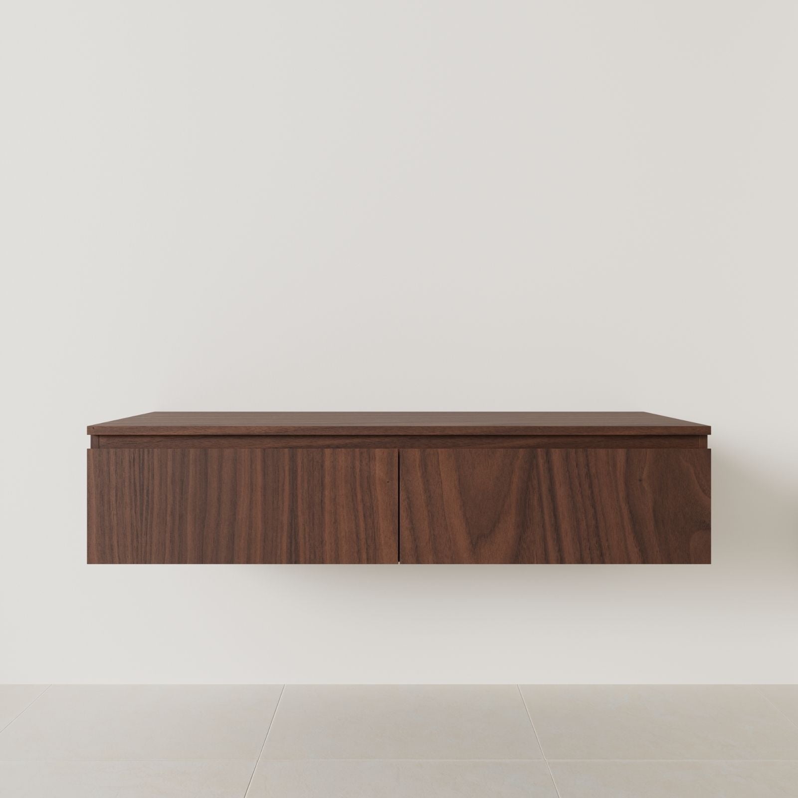 meuble salle de bain mino 140 cm double vasque suspendu noyer poignées intégrées vue face.