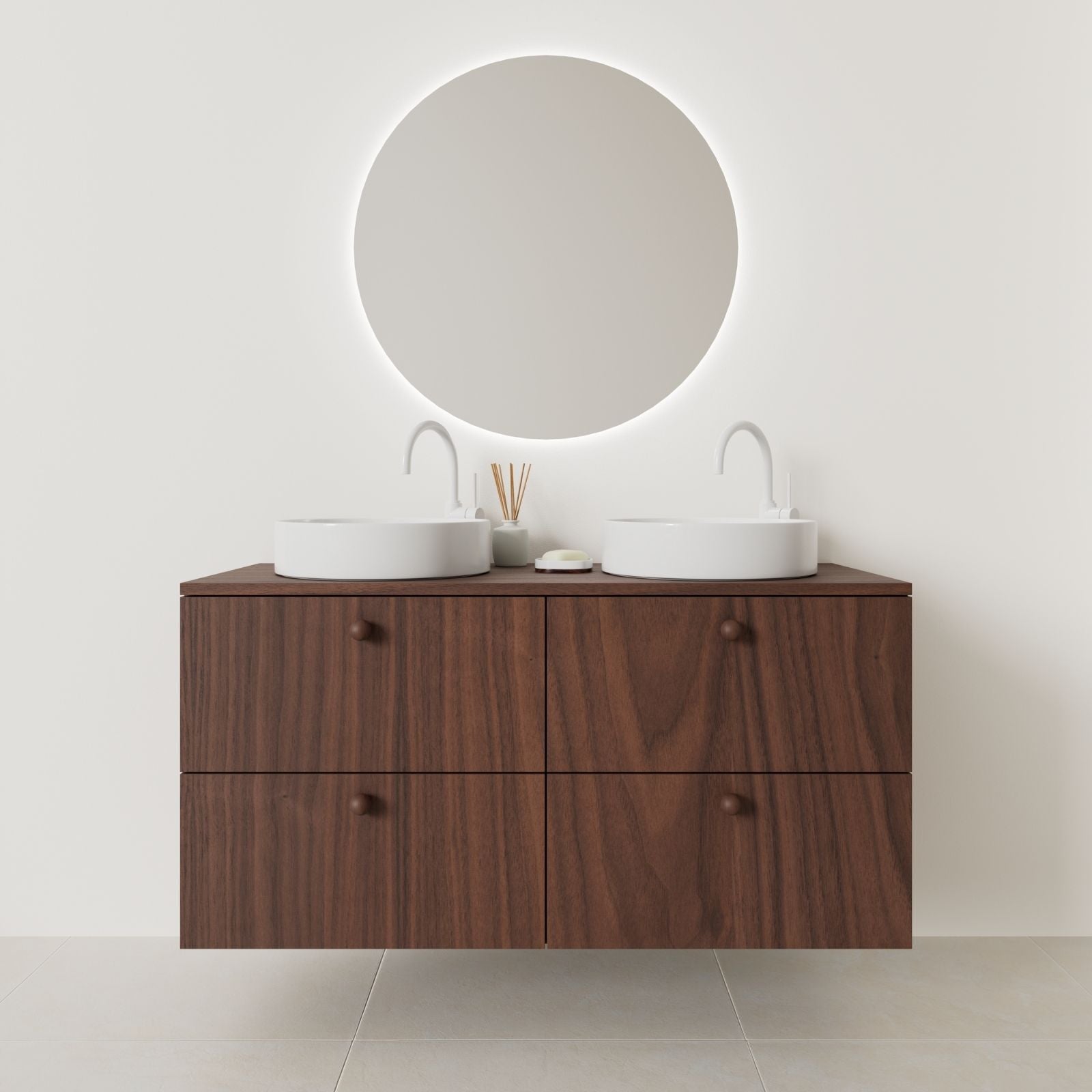 meuble salle de bain marco 120 cm double vasque suspendu noyer façade lisse vue face