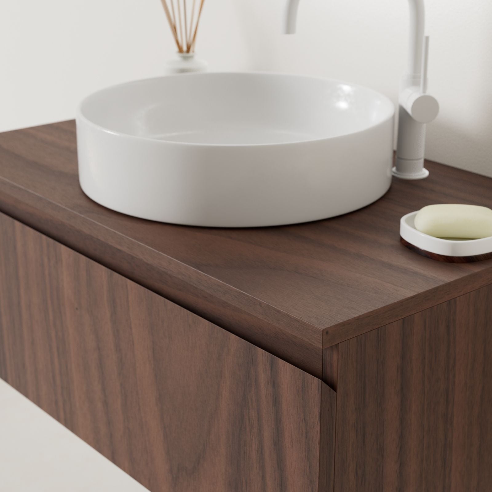 meuble salle de bain mino 80 cm noyer poignées intégrées avec vasque posé vue angle