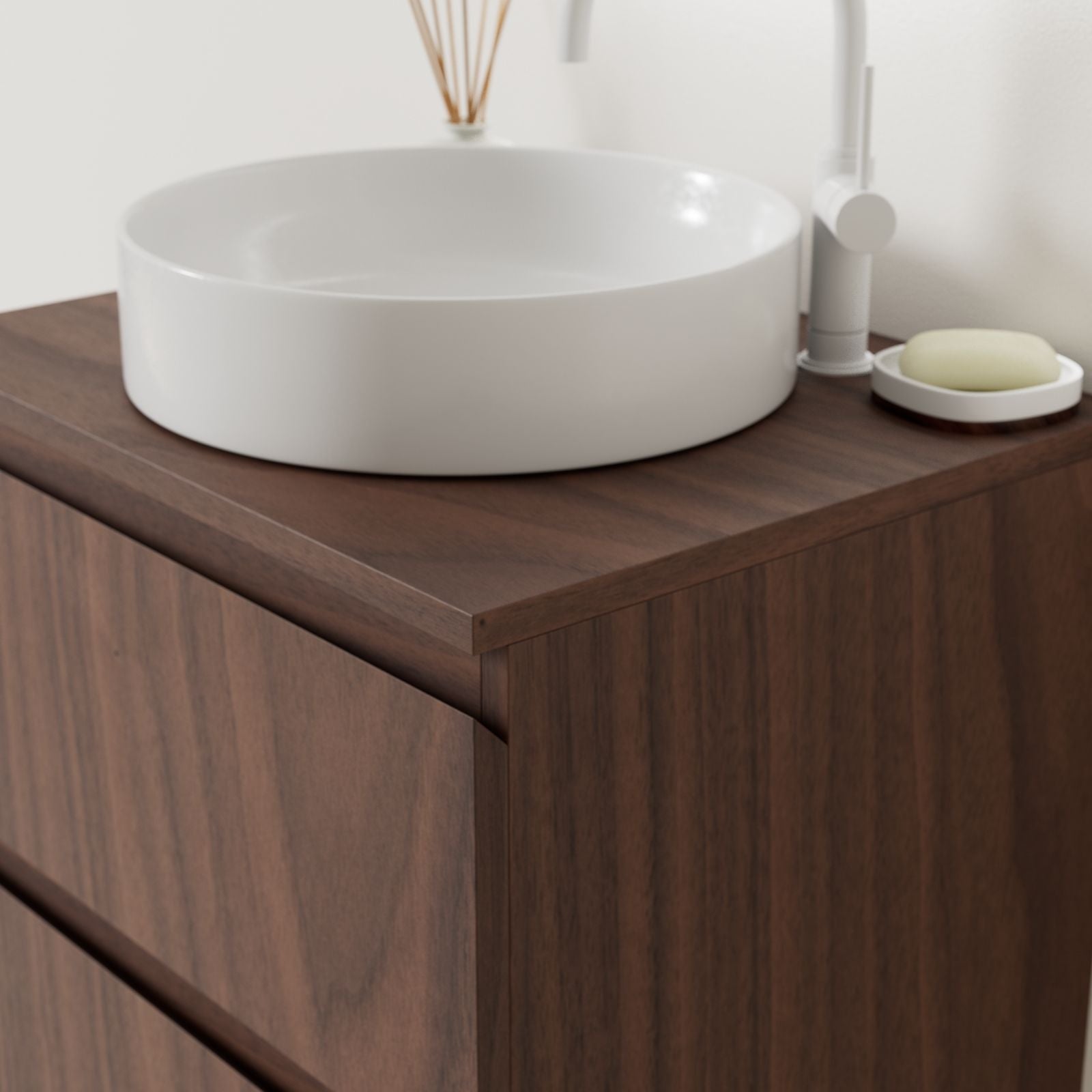 meuble salle de bain marco noyer 60 cm façade prise de main vue angle