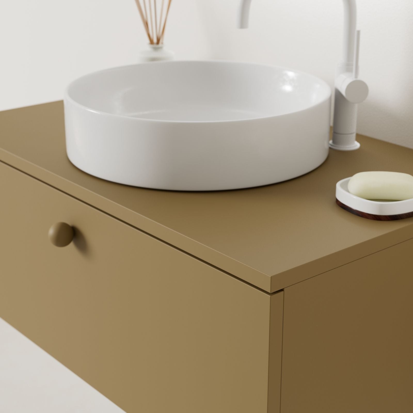 meuble salle de bain mino 80 cm ocre avec vasque posé vue angle