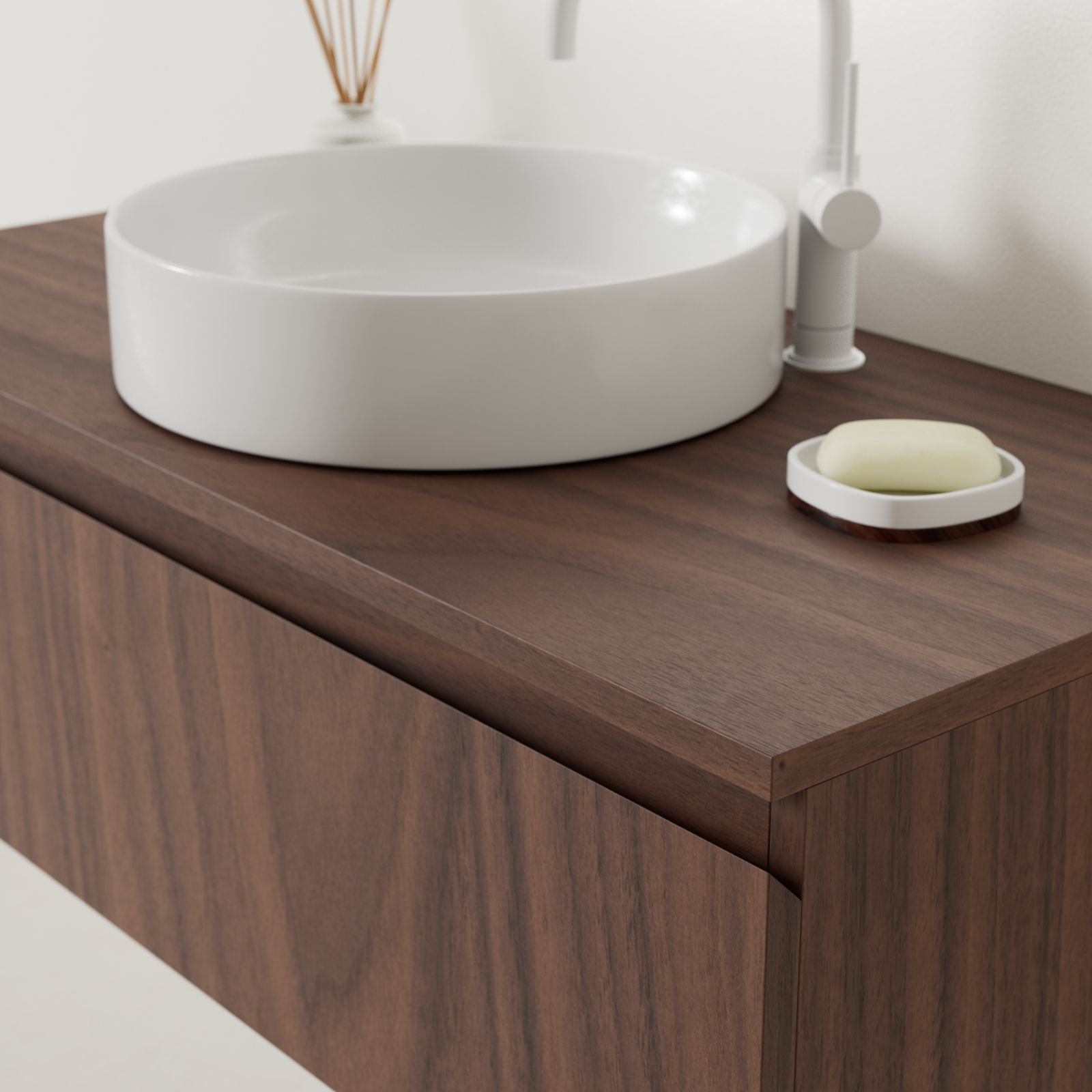 meuble salle de bain mino 100 cm noyer poignées intégrées avec vasque posé vue angle
