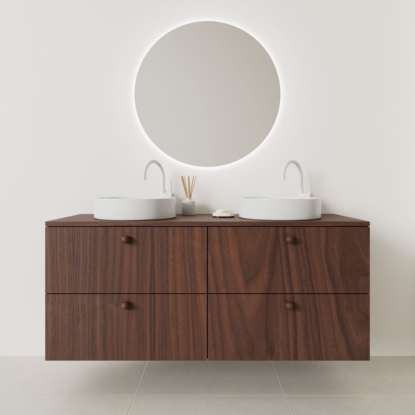 meuble salle de bain marco 140 cm double vasque suspendu noyer façade lisse vue face