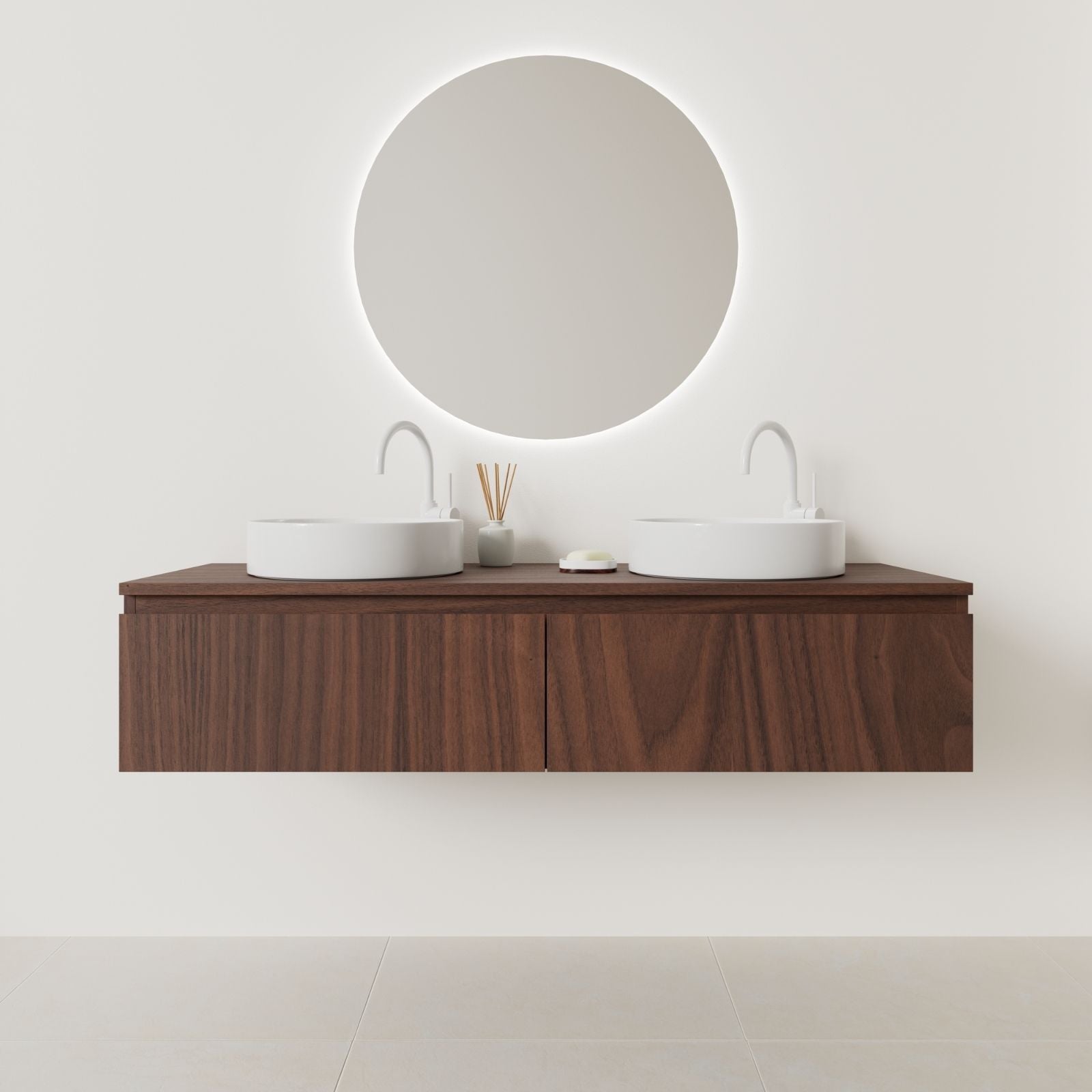 meuble salle de bain mino 140 cm double vasque suspendu noyer prise de main vue face