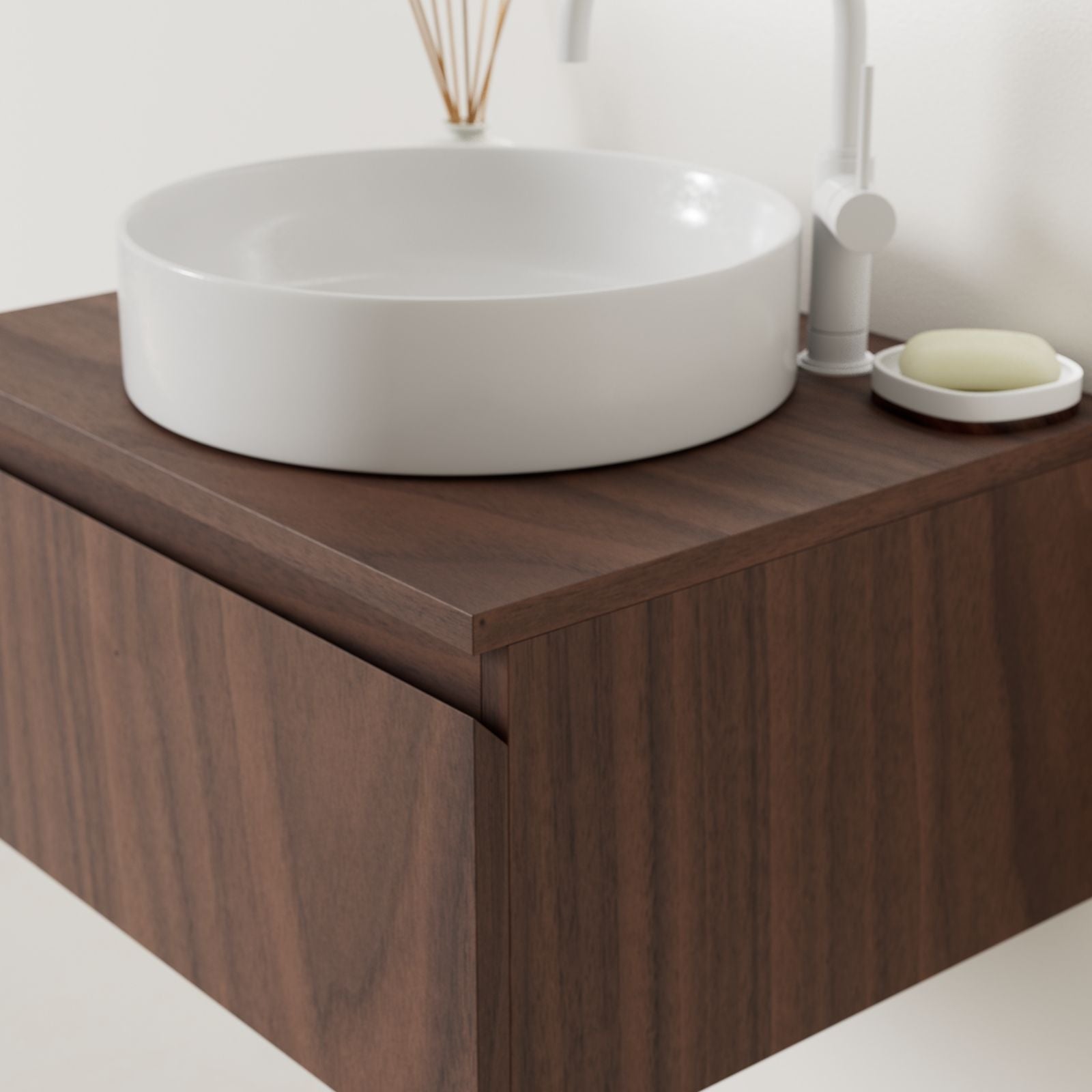 meuble salle de bain mino 60 cm noyer poignées intégrées avec vasque posé vue angle
