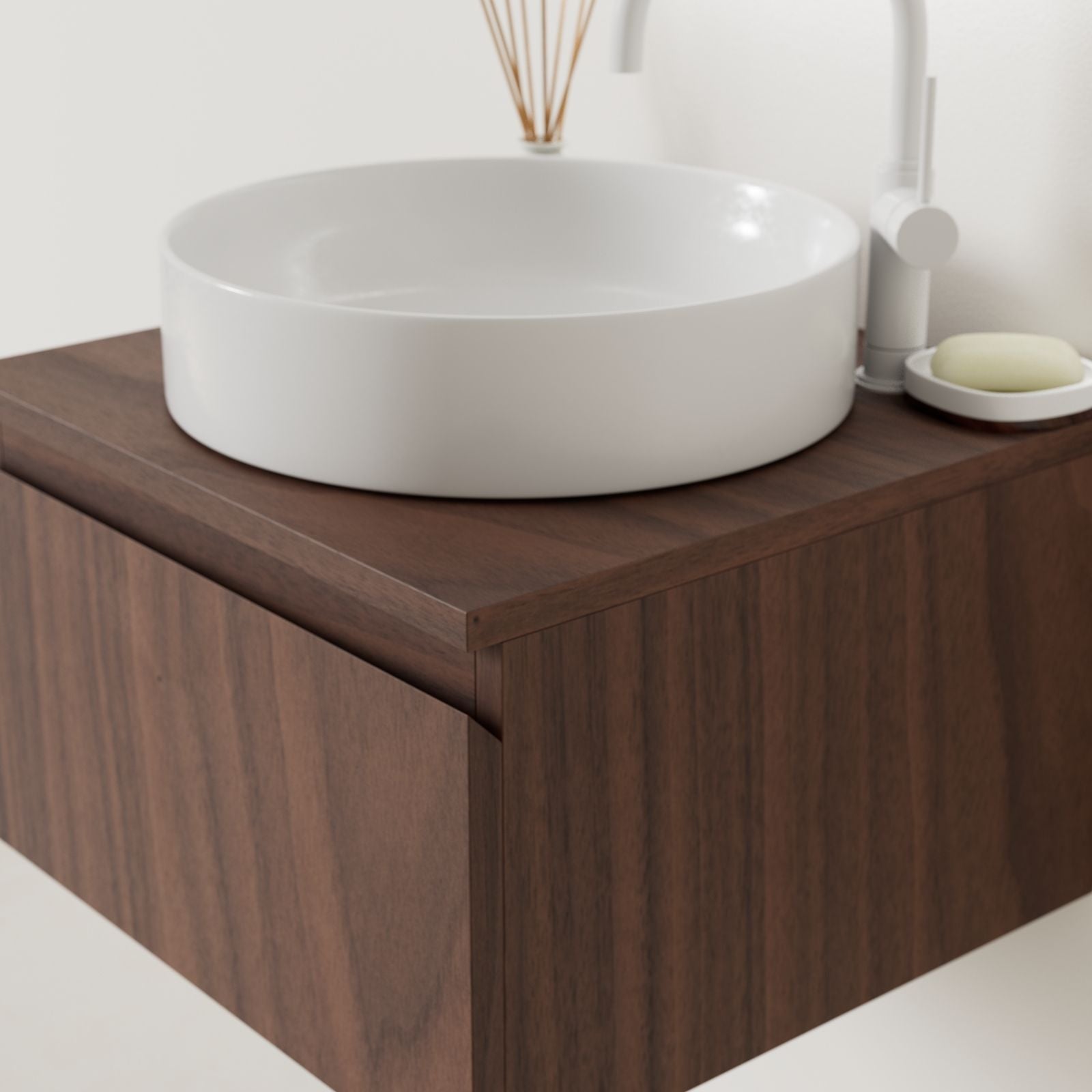 meuble salle de bain mino 50 cm noyer poignées intégrées avec vasque posé vue angle