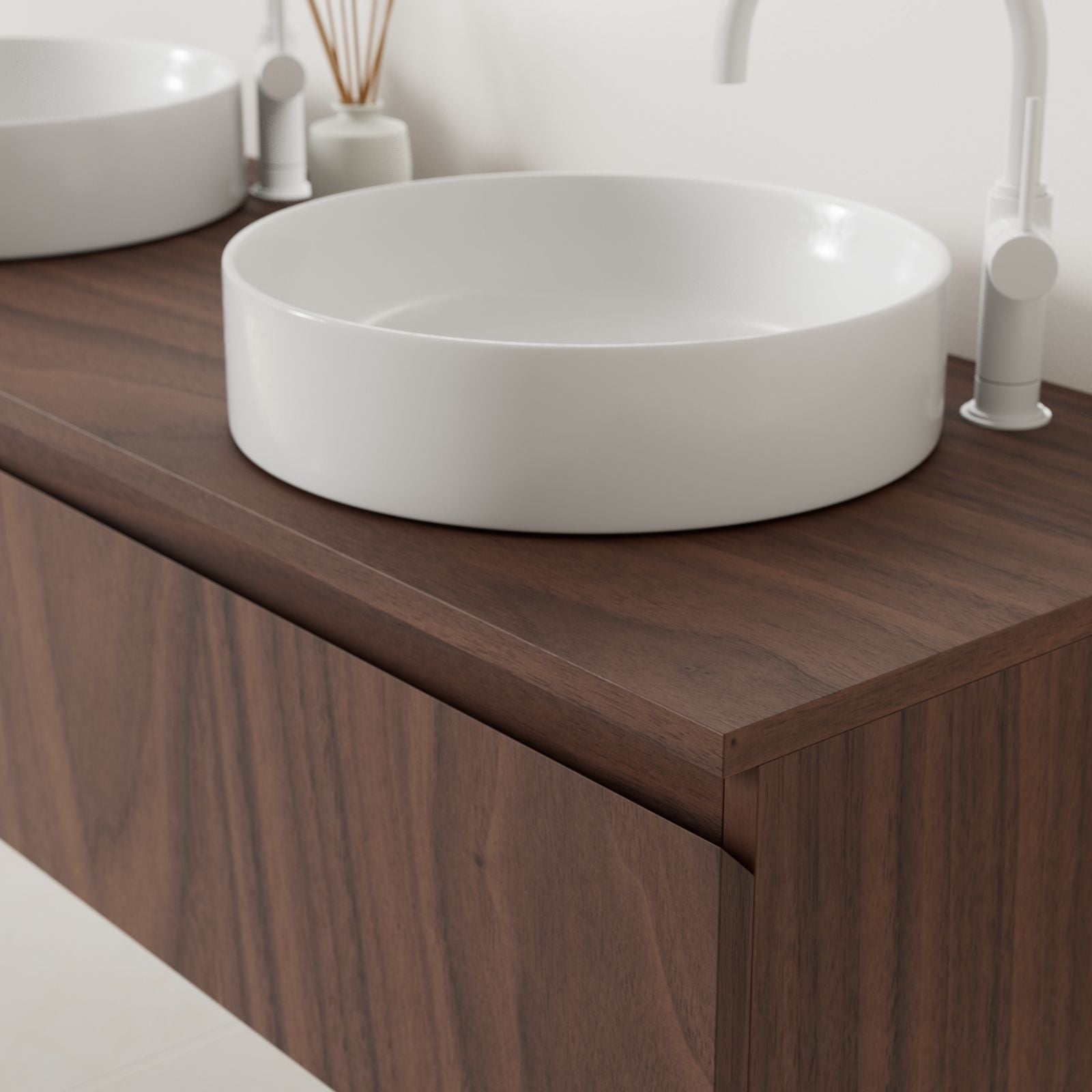 meuble salle de bain mino 140 cm noyer poignées intégrées avec double vasque à poser vue angle