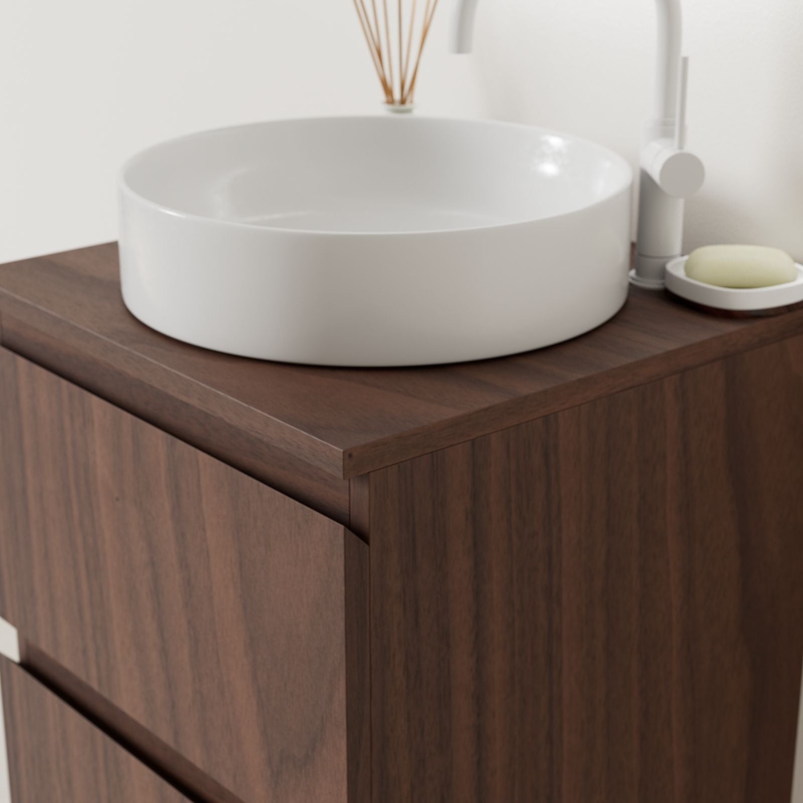meuble salle de bain marco noyer 50 cm façade prise de main vue angle