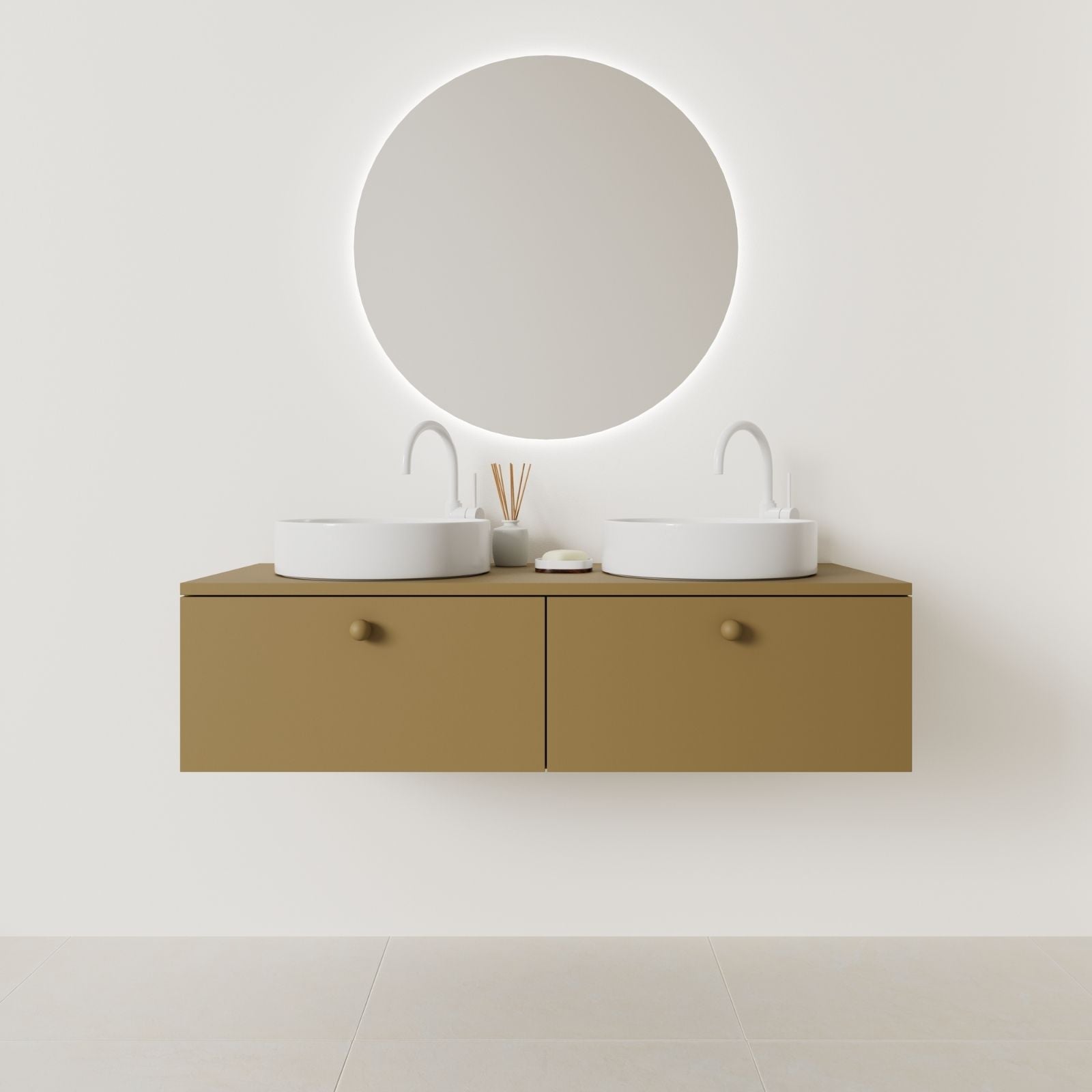 meuble salle de bain mino 120 cm double vasque suspendu ocre façade lisse vue face
