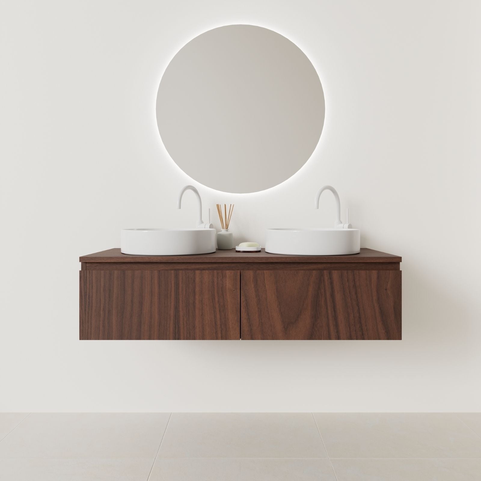meuble salle de bain mino 120 cm double vasque suspendu noyer prise de main vue face