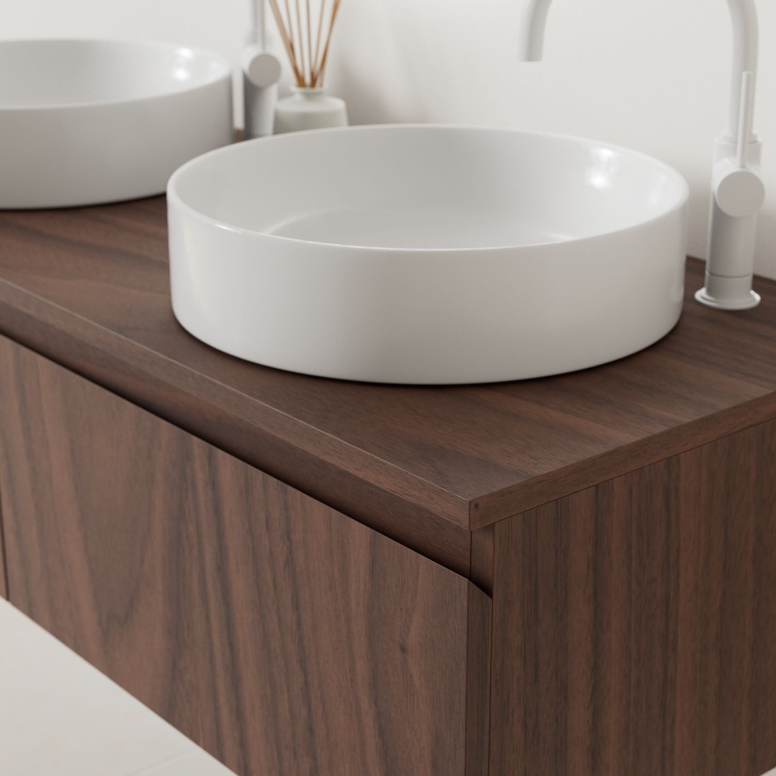 meuble salle de bain mino 120 cm noyer poignées intégrées avec double vasque à poser vue angle