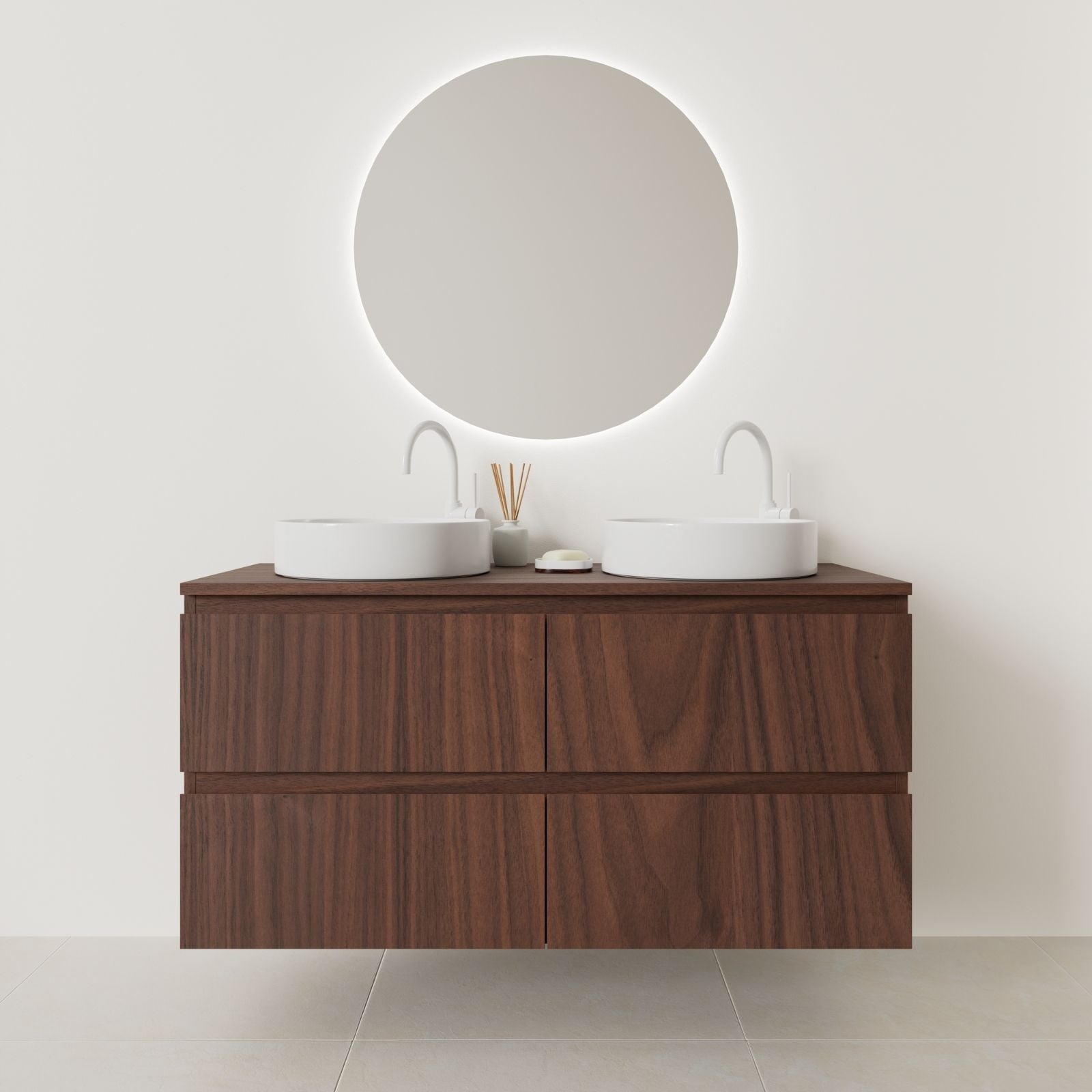 meuble salle de bain marco 120 cm double vasque suspendu noyer prise de main vue face