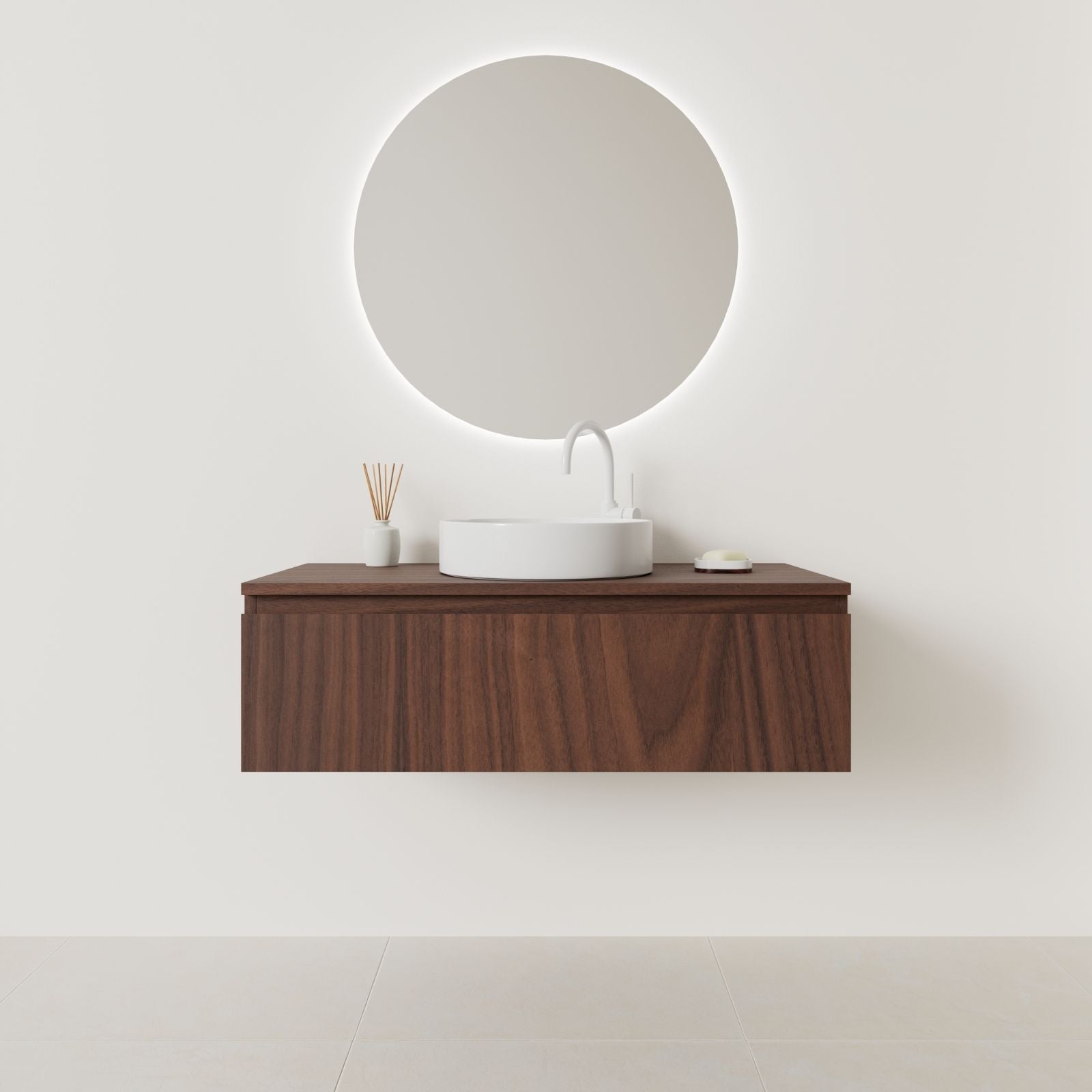 meuble salle de bain mino 100 cm noyer suspendu  prise de main vue face