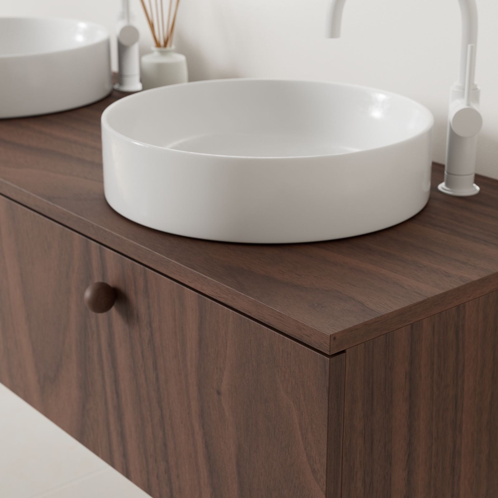 meuble salle de bain mino 140 cm noyer double vasque à poser vue angle