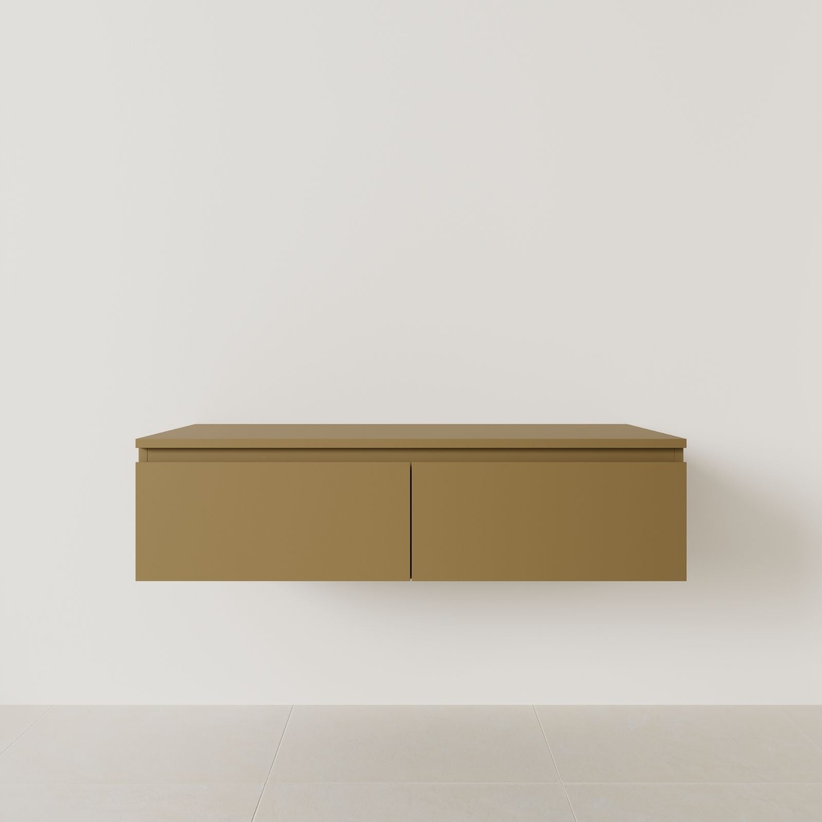 meuble salle de bain mino 120 cm double vasque suspendu ocre poignées intégrées vue face.
