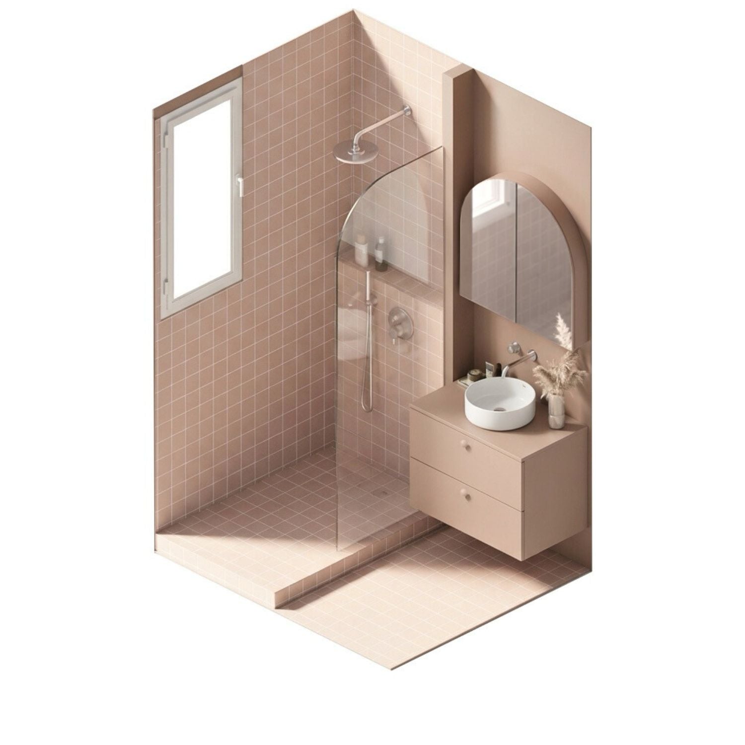 Vue en axonométrie d'une salle de bain complète en argile polopolo.