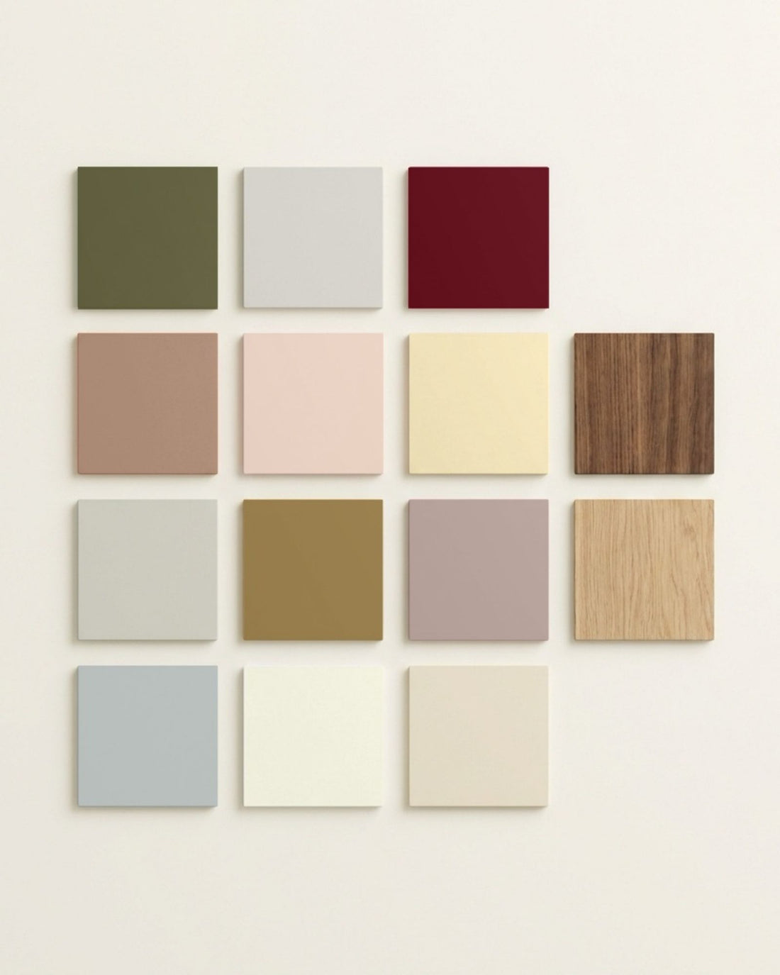 Vue du nuancier de couleur polopolo.fr. 12 couleurs et 2 bois : chêne et noyer.